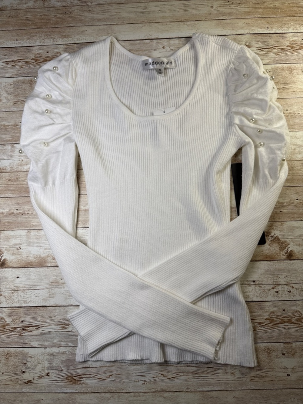 Madden Girl Cream Ribbed Long Sleeve Top with Pearl-Accented Puff Shoulders